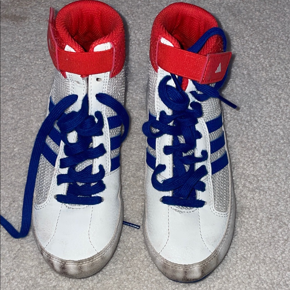 Adidas Youth Wrestling Shoes- White, Blue, and Red, size 1
